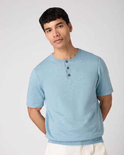 N.Peal Men's Henley Cotton Cashmere T-Shirt Cornflower Blue