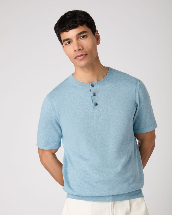 N.Peal Men's Henley Cotton Cashmere T-Shirt Cornflower Blue