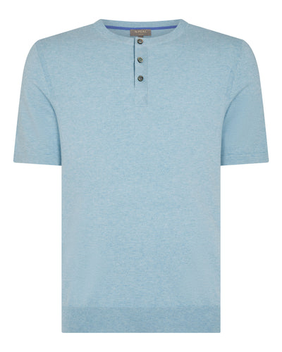 N.Peal Men's Henley Cotton Cashmere T-Shirt Cornflower Blue