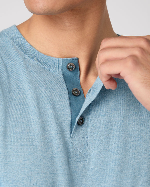 N.Peal Men's Henley Cotton Cashmere T-Shirt Cornflower Blue