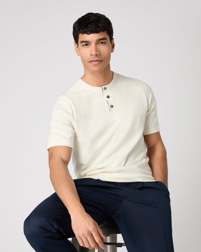 N.Peal Men's Henley Cotton Cashmere T-Shirt New Ivory White