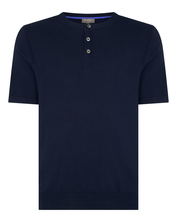 N.Peal Men's Henley Cotton Cashmere T-Shirt Navy Blue