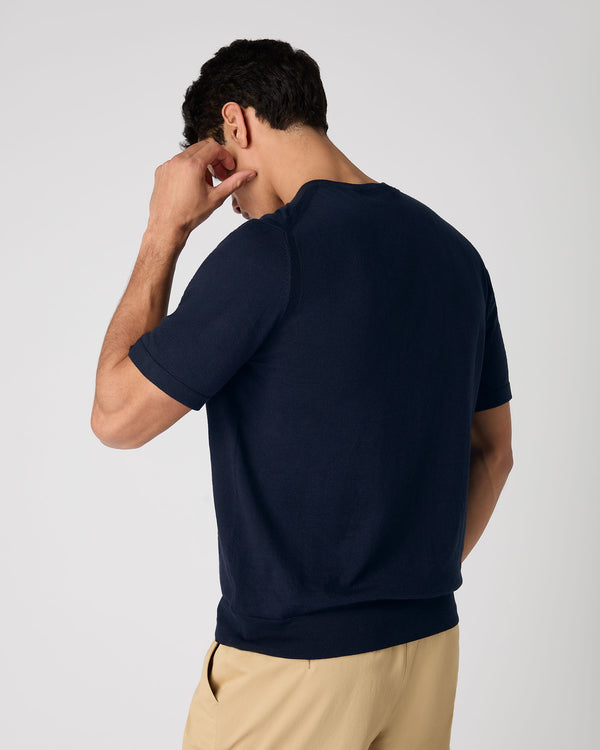 N.Peal Men's Henley Cotton Cashmere T-Shirt Navy Blue