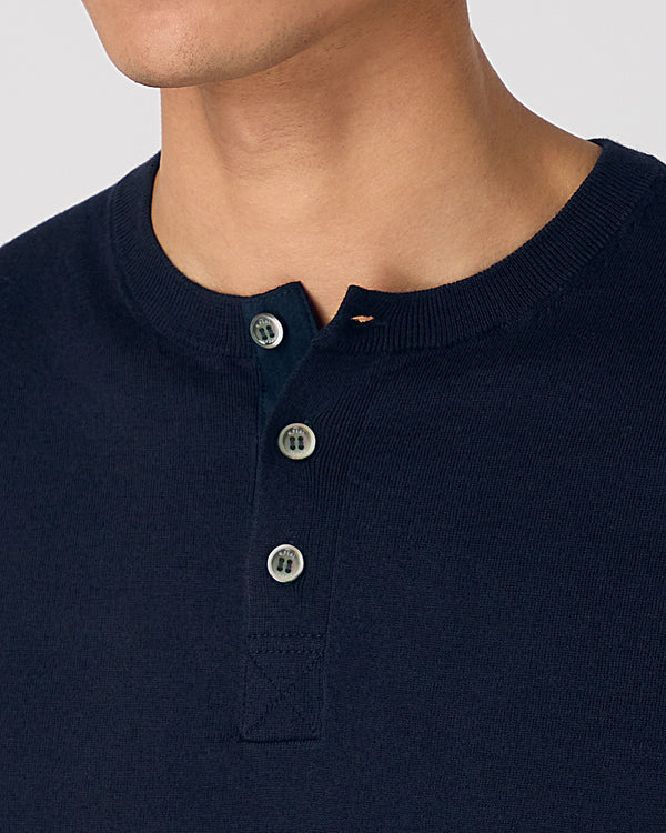 N.Peal Men's Henley Cotton Cashmere T-Shirt Navy Blue