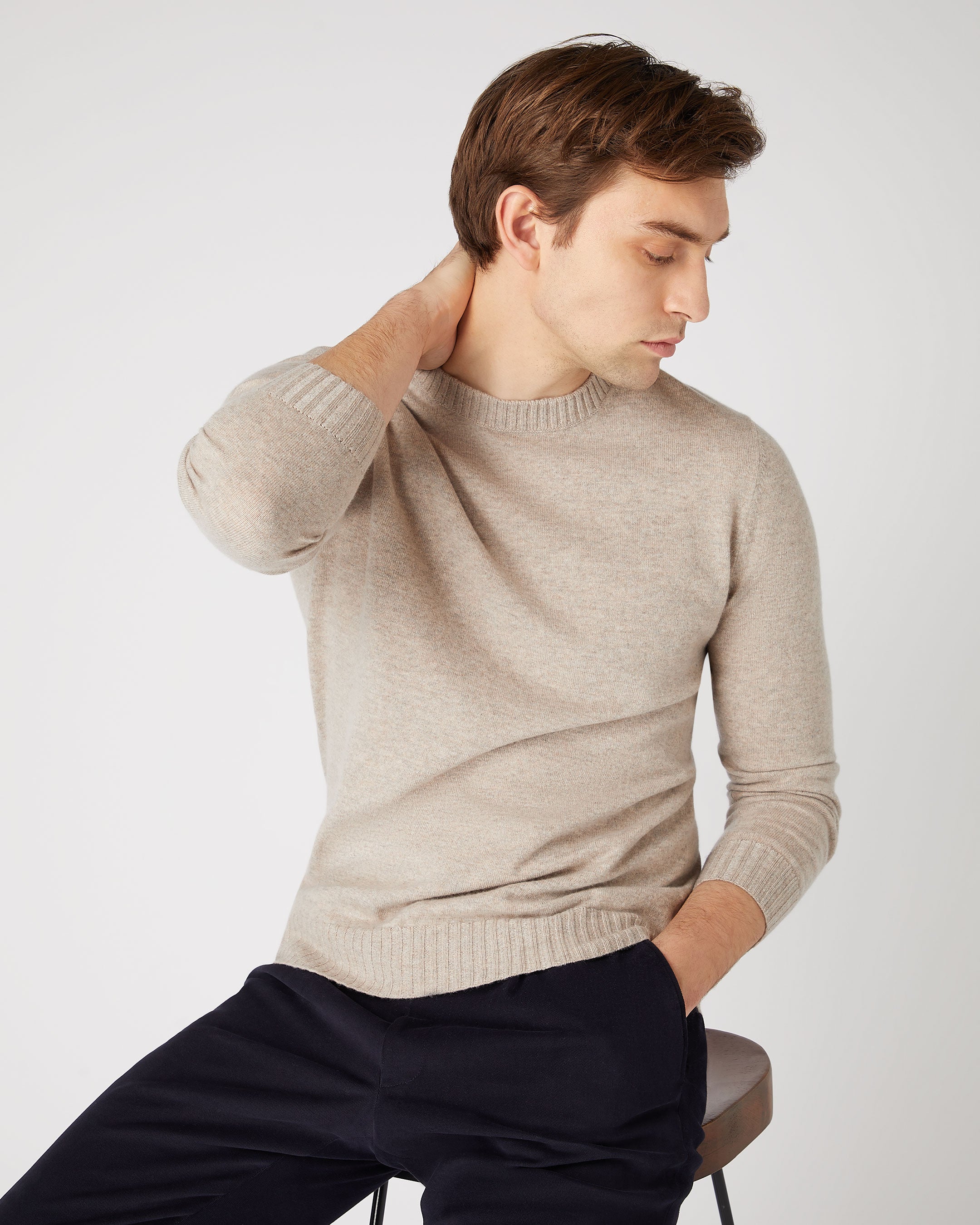 Men's Round Neck Cashmere Jumper Oatmeal Brown - Main Image