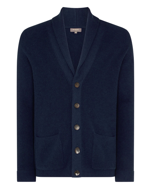 N.Peal Men's Cotton Cashmere Silk Cardigan Navy Blue