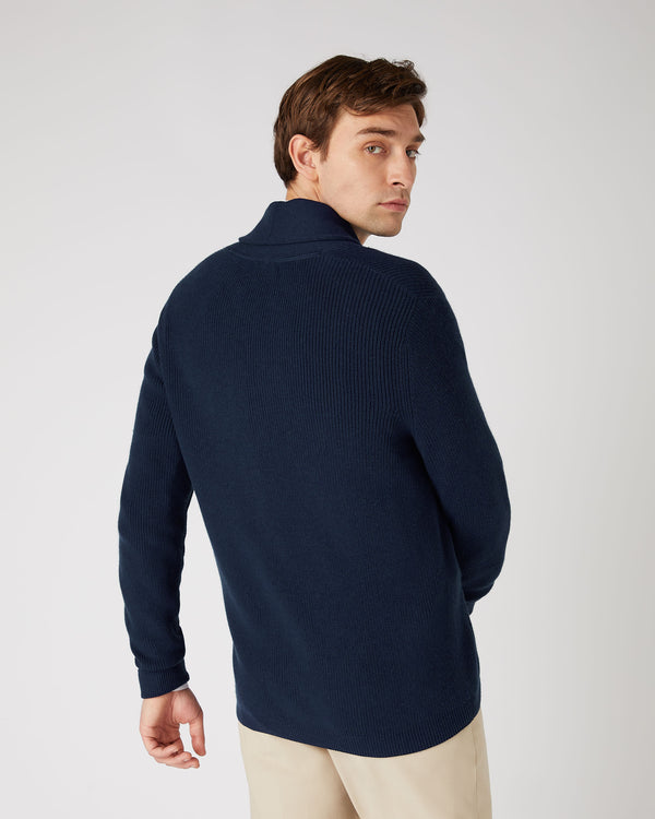 N.Peal Men's Cotton Cashmere Silk Cardigan Navy Blue