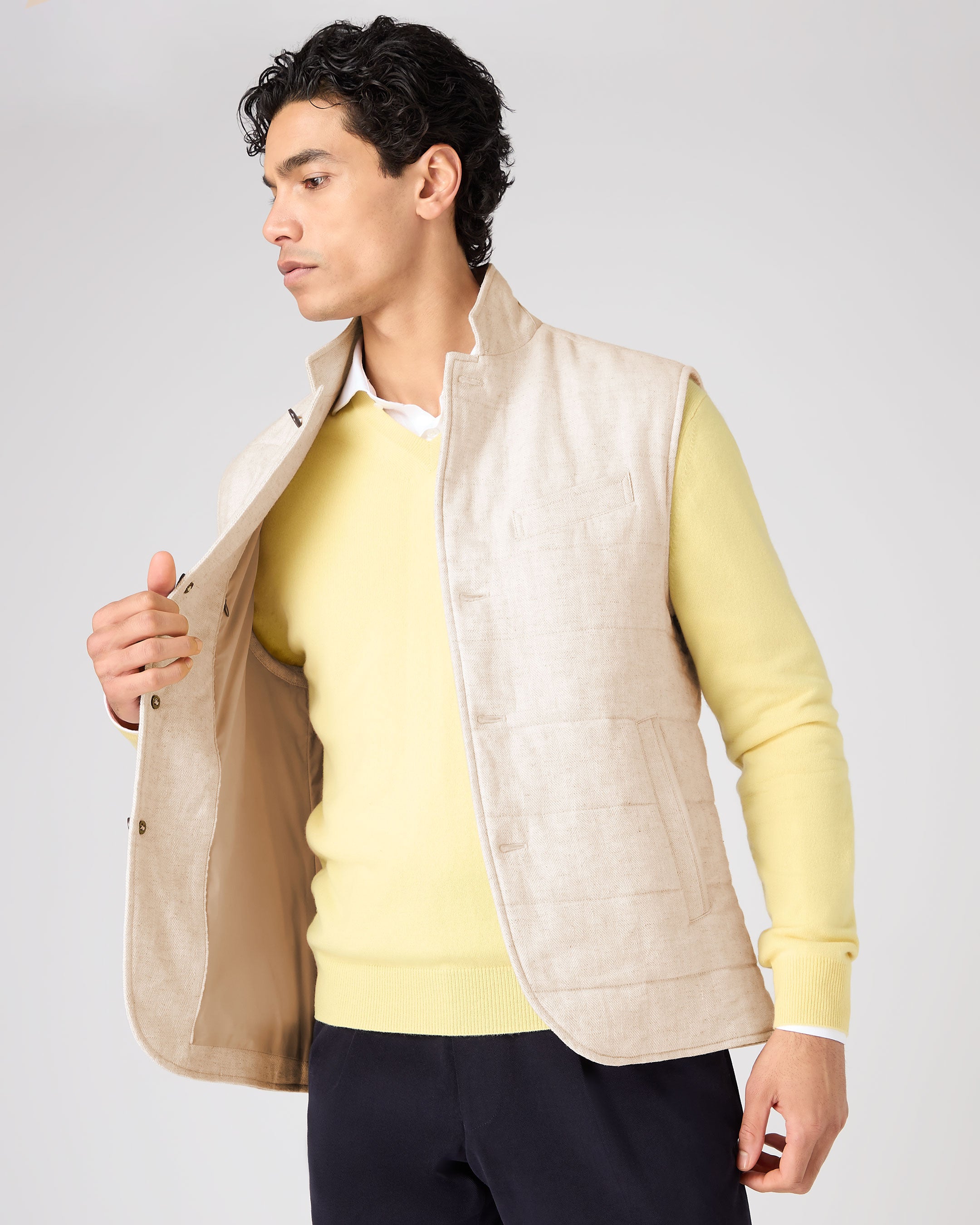 Men's Linen Gilet Beige Brown | N.Peal