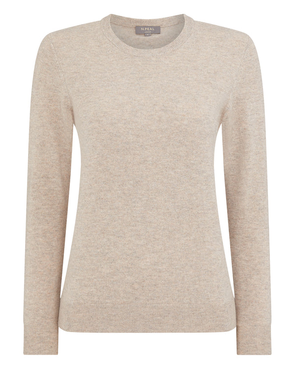 N.Peal Women's Evie Classic Round Neck Cashmere Jumper Oatmeal Brown