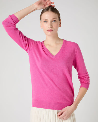 N.Peal Women's Phoebe V Neck Cashmere Jumper Vibrant Pink