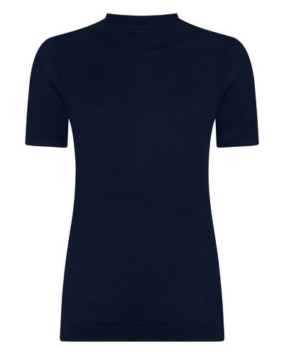 N.Peal Women's Rosie Superfine Cashmere Mock Neck T-Shirt Navy Blue