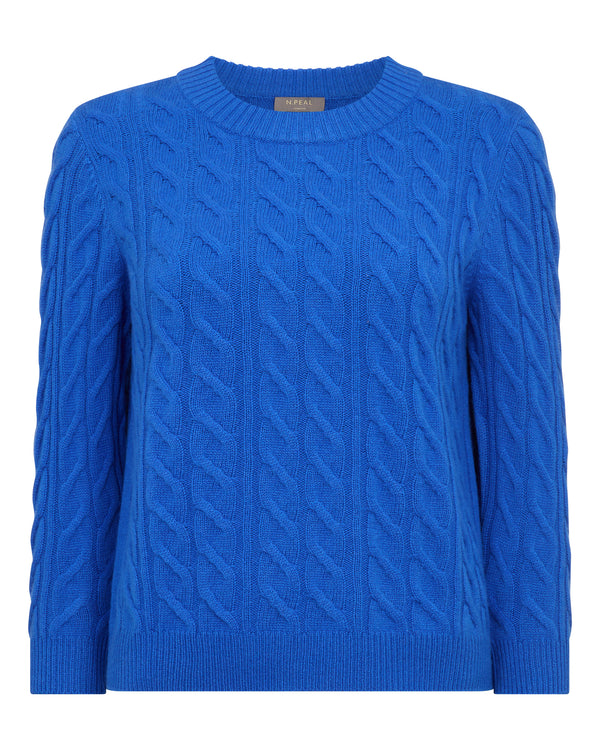 N.Peal Women's Emilia Cable Round Neck Cashmere Jumper Sonic Blue