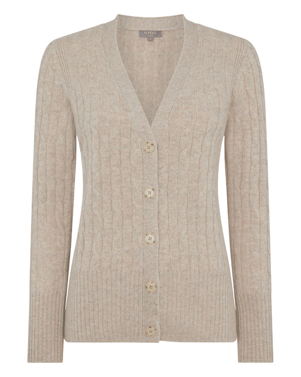 N.Peal Women's Clara Cable V Neck Cashmere Cardigan Oatmeal Brown