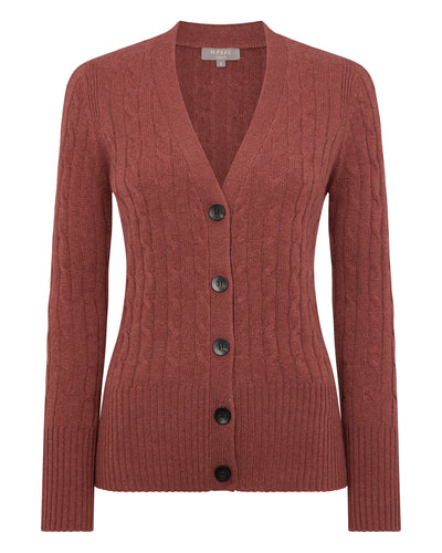 N.Peal Women's Clara Cable V Neck Cashmere Cardigan Terracotta Brown