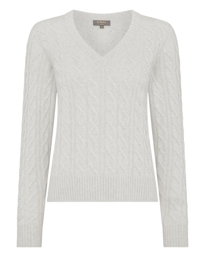 N.Peal Women's Frankie Cable V Neck Cashmere Jumper Pebble Grey