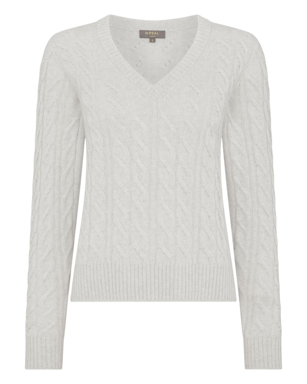 N.Peal Women's Frankie Cable V Neck Cashmere Jumper Pebble Grey