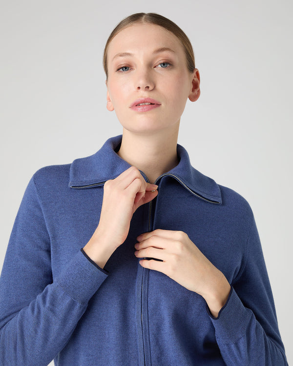 N.Peal Women's Cotton Cashmere Full Zip Jumper Denim Blue