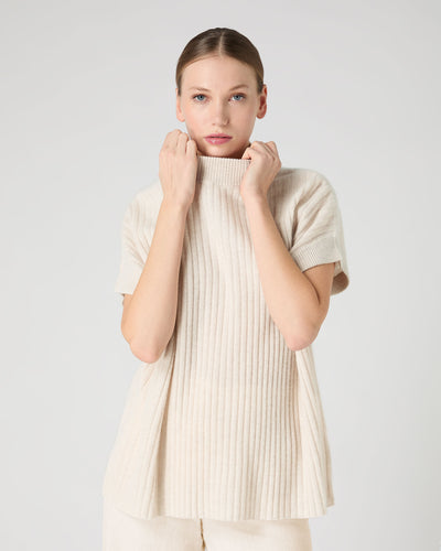 N.Peal Women's Rib Cashmere Poncho Ecru White