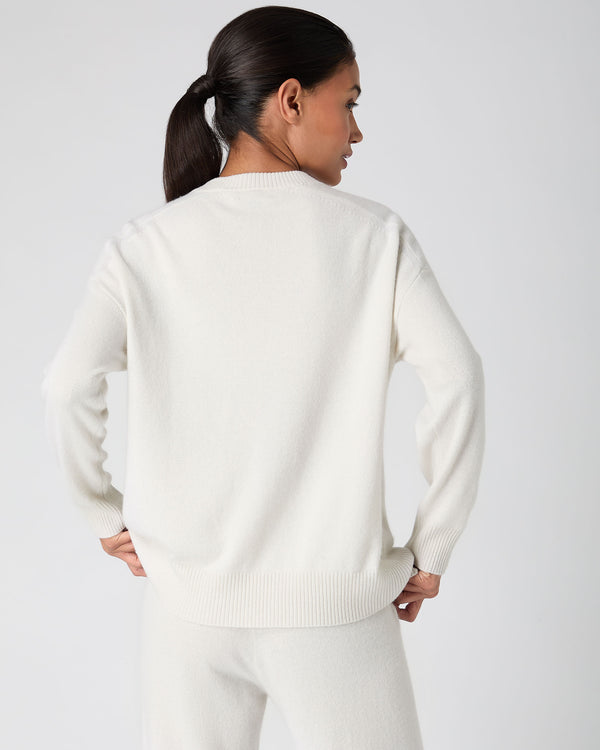 N.Peal Women's Metal Trim Round Neck Jumper Ivory White Sparkle