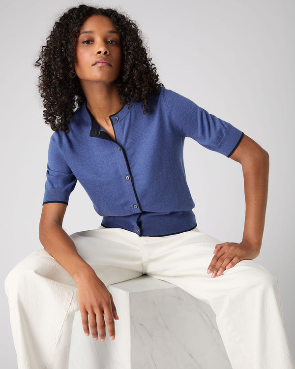 N.Peal Women's Cotton Cashmere Short Sleeve Cardigan Denim Blue