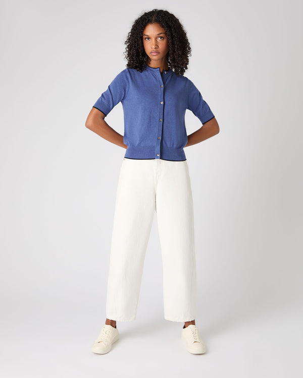 N.Peal Women's Cotton Cashmere Short Sleeve Cardigan Denim Blue