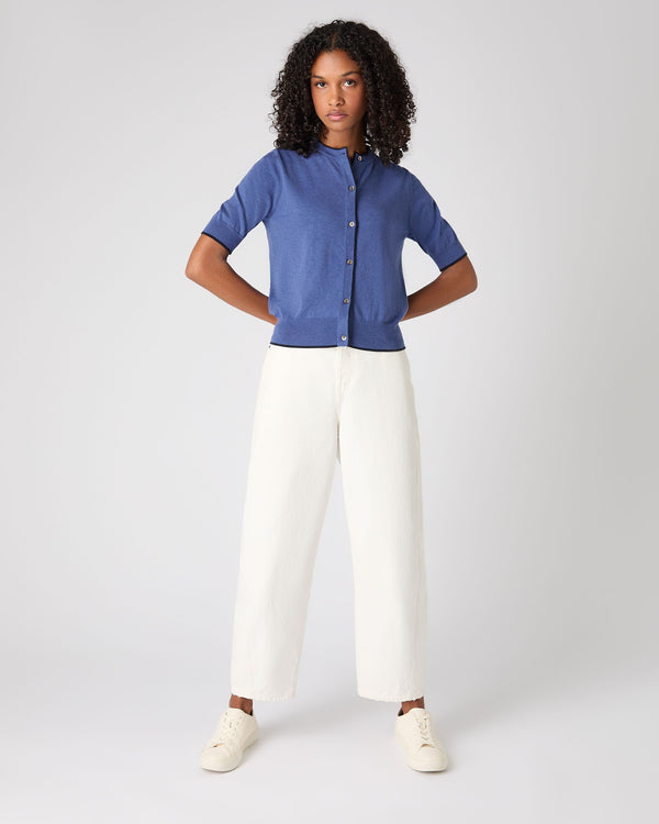 N.Peal Women's Cotton Cashmere Short Sleeve Cardigan Denim Blue