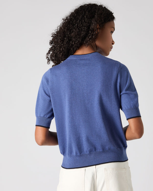 N.Peal Women's Cotton Cashmere Short Sleeve Cardigan Denim Blue