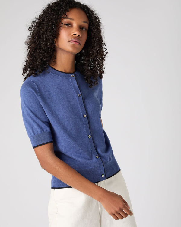 N.Peal Women's Cotton Cashmere Short Sleeve Cardigan Denim Blue