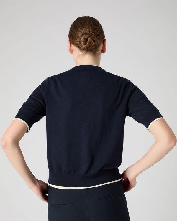 N.Peal Women's Cotton Cashmere Short Sleeve Cardigan Navy Blue