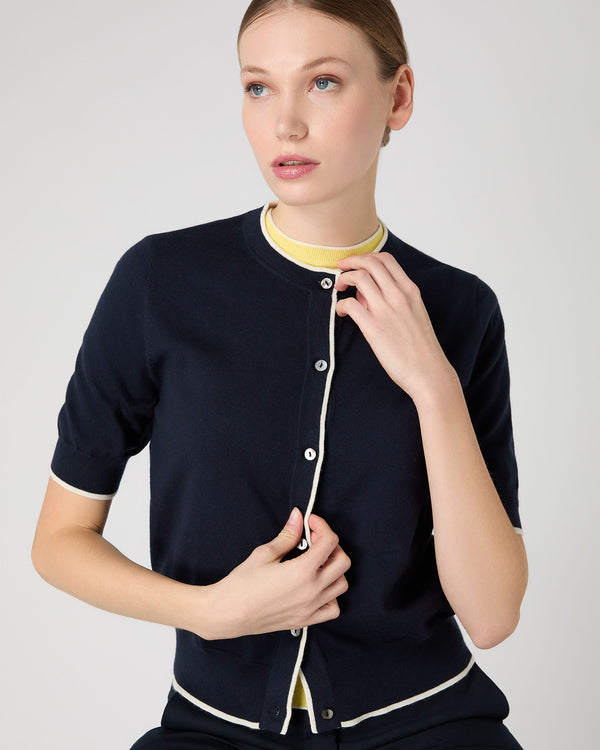 N.Peal Women's Cotton Cashmere Short Sleeve Cardigan Navy Blue