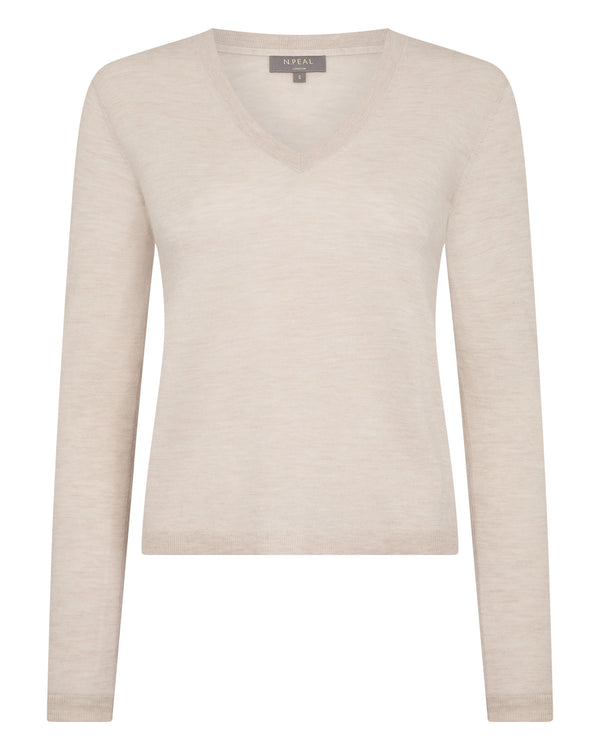 N.Peal Women's Superfine Cashmere V Neck Jumper Sandstone Brown