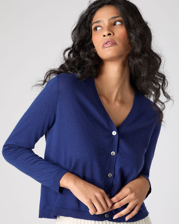 N.Peal Women's Superfine Cashmere V Neck Cardigan Indigo Blue