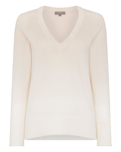 N.Peal Women's Dip Dye V Neck Cashmere Jumper Almond White