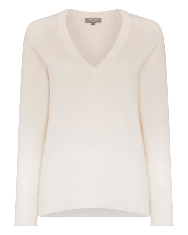 N.Peal Women's Dip Dye V Neck Cashmere Jumper Almond White