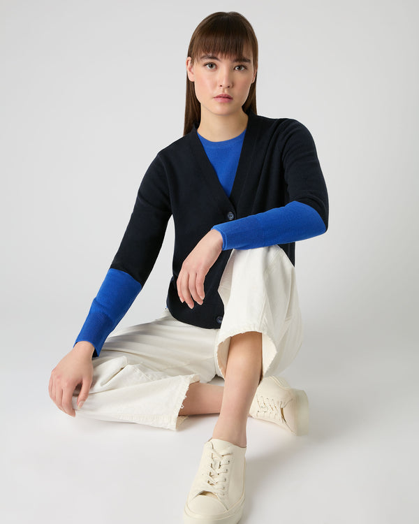 N.Peal Women's V Neck Relaxed Cashmere Cardigan Navy Blue