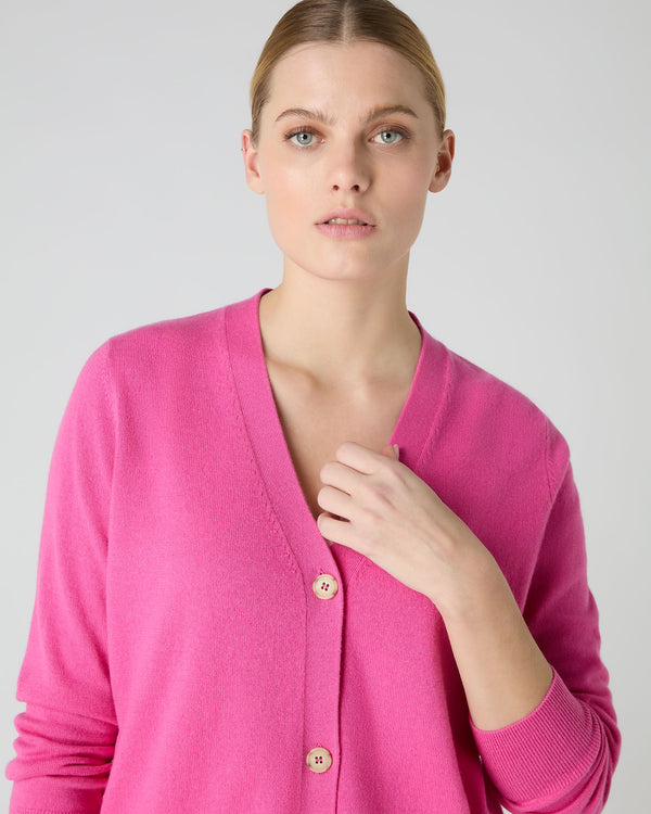 N.Peal Women's V Neck Relaxed Cashmere Cardigan Vibrant Pink