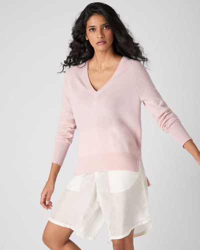 N.Peal Women's Longline V Neck Cashmere Jumper Quartz Pink