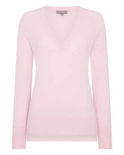 N.Peal Women's Longline V Neck Cashmere Jumper Quartz Pink