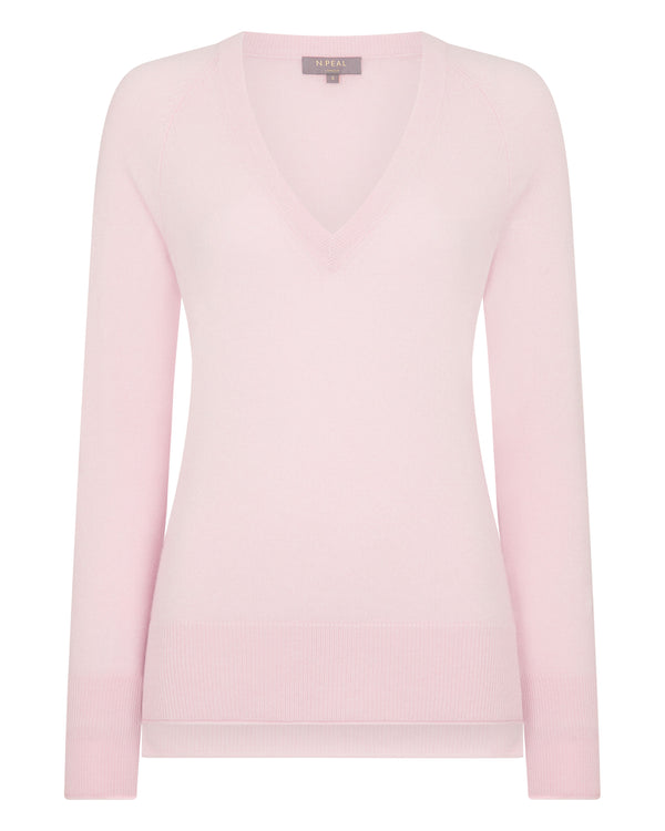 N.Peal Women's Longline V Neck Cashmere Jumper Quartz Pink