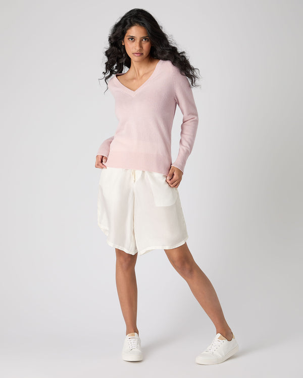 N.Peal Women's Longline V Neck Cashmere Jumper Quartz Pink