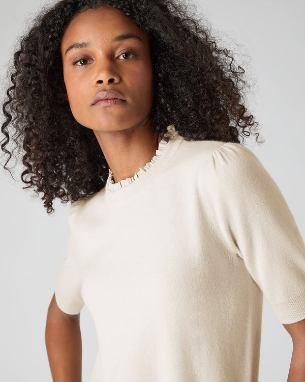 N.Peal Women's Ruffle Trim Cashmere T-Shirt Almond White