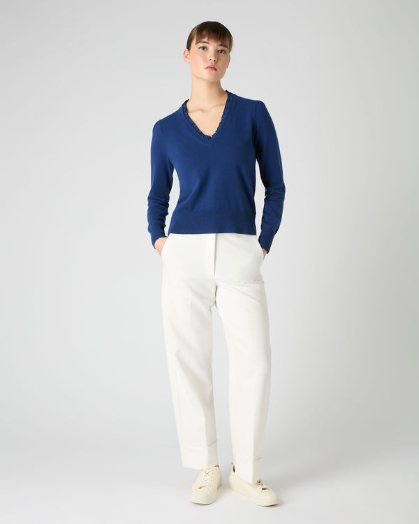 N.Peal Women's Ruffle Trim V Neck Cashmere Jumper French Blue