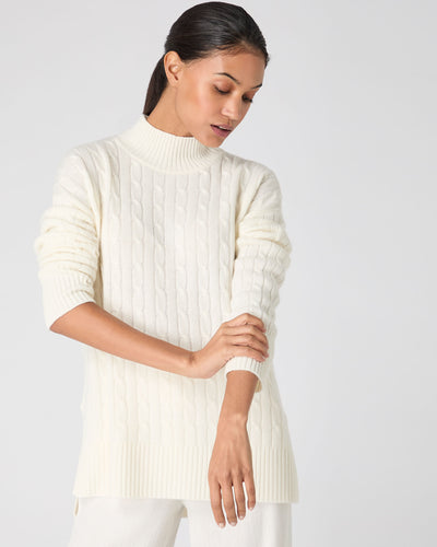 N.Peal Women's Esme Cable Mock Neck Cashmere Jumper New Ivory White