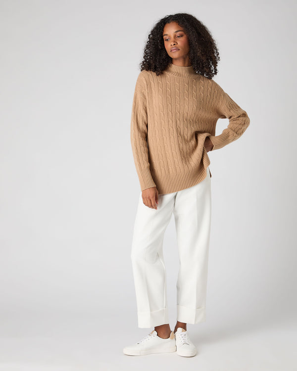 N.Peal Women's Esme Cable Mock Neck Cashmere Jumper Sahara Brown
