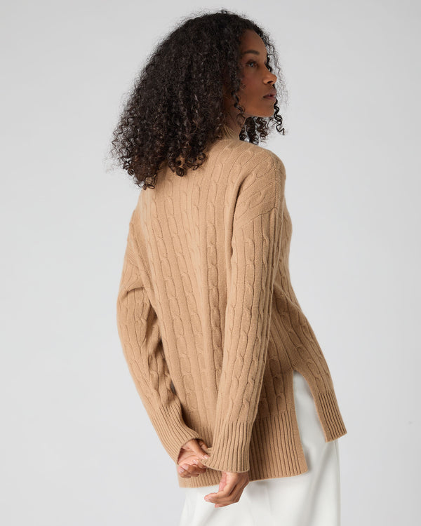 N.Peal Women's Esme Cable Mock Neck Cashmere Jumper Sahara Brown