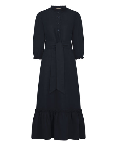 N.Peal Women's Iris Ruffle Linen Dress Navy Blue