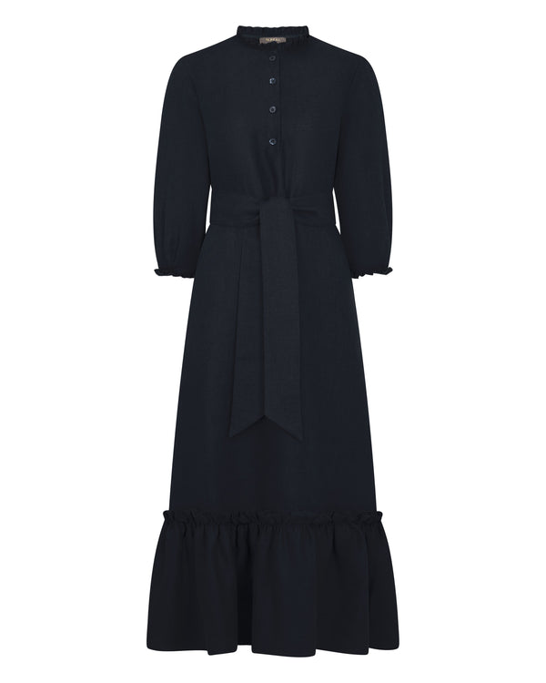 N.Peal Women's Iris Ruffle Linen Dress Navy Blue