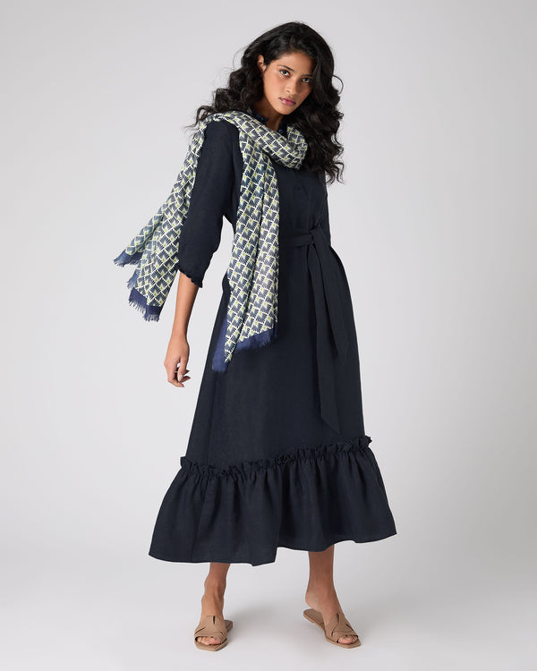 N.Peal Women's Iris Ruffle Linen Dress Navy Blue