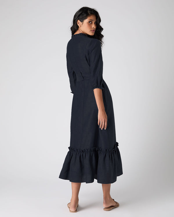 N.Peal Women's Iris Ruffle Linen Dress Navy Blue