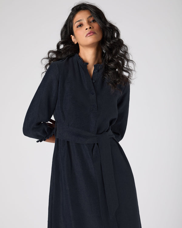 N.Peal Women's Iris Ruffle Linen Dress Navy Blue